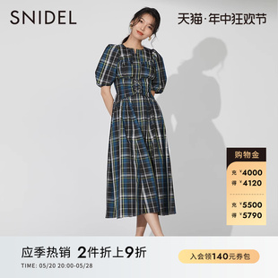 收腰茶歇连衣裙SWFO224099 SNIDEL春夏款 复古纯色格纹泡泡袖