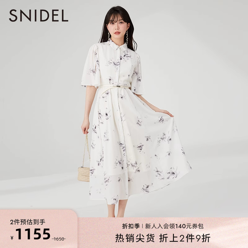 SNIDEL春夏款优雅翻领开衩袖腰带碎花雪纺连衣裙SWFO232050