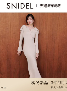 SNIDEL2025秋冬新品优雅翻领修身长袖纯色针织连衣裙SWNO254189