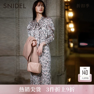 SNIDEL秋冬蝴蝶结系带泡泡袖鱼尾印花连衣裙SWFO235020