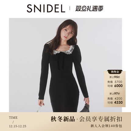 SNIDEL2025秋冬新品蕾丝方领长袖收腰短款针织连衣裙SWNO255175