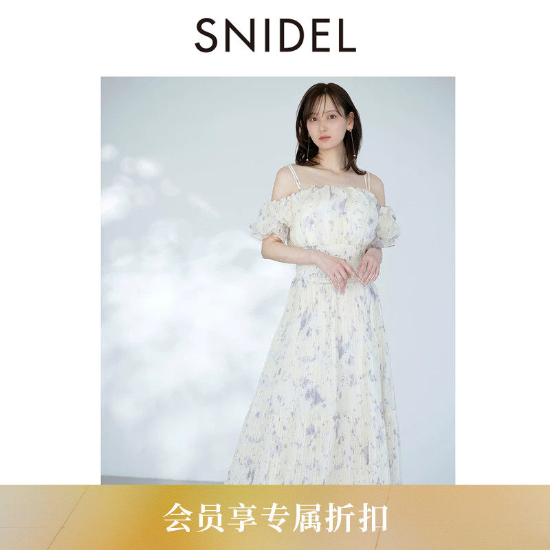 SNIDEL2026春夏新品优雅吊带露肩泡泡袖收腰印花连衣裙SWFO262046 - 实物图