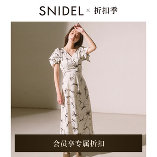 優(yōu)雅V領(lǐng)短袖 SNIDEL2025秋冬新品 收腰蝴蝶結(jié)印花連衣裙SWFO254025