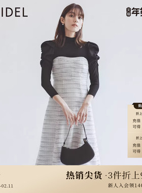 SNIDEL春夏款优雅气质半高领抽褶泡泡袖针织拼接连衣裙SWNO231108