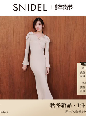 SNIDEL2025秋冬新品优雅翻领修身长袖纯色针织连衣裙SWNO254189