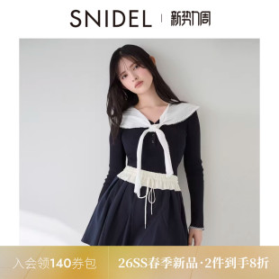SNIDEL2026春夏新品 上衣SWNT261017 百搭学院风海军领系带针织衫