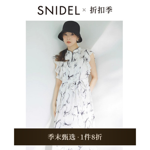 SNIDEL2025春夏新品 系帶蝴蝶結印花連衣裙SWFO252182 優雅小飛袖