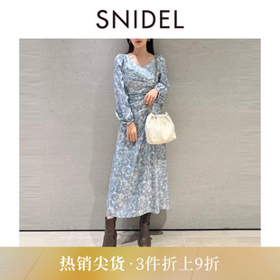SNIDEL春夏款 印花连衣裙SWFO251031 日系优雅斜领抽褶泡泡袖