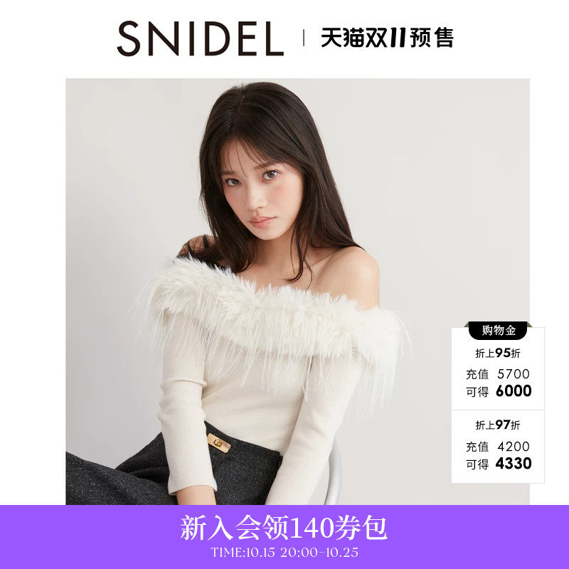 SNIDEL秋冬款甜美气质纯色一字毛领露肩针织衫SWNT244167