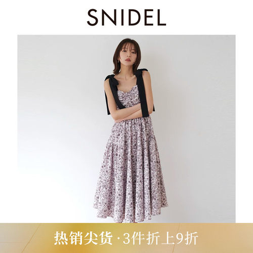 SNIDEL蝴蝶结肩带印花吊带连衣裙