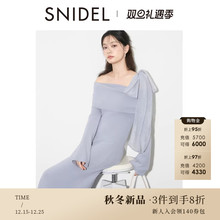 SNIDEL2025秋冬新品优雅斜肩蝴蝶结肩带长袖针织连衣裙SWNO254320