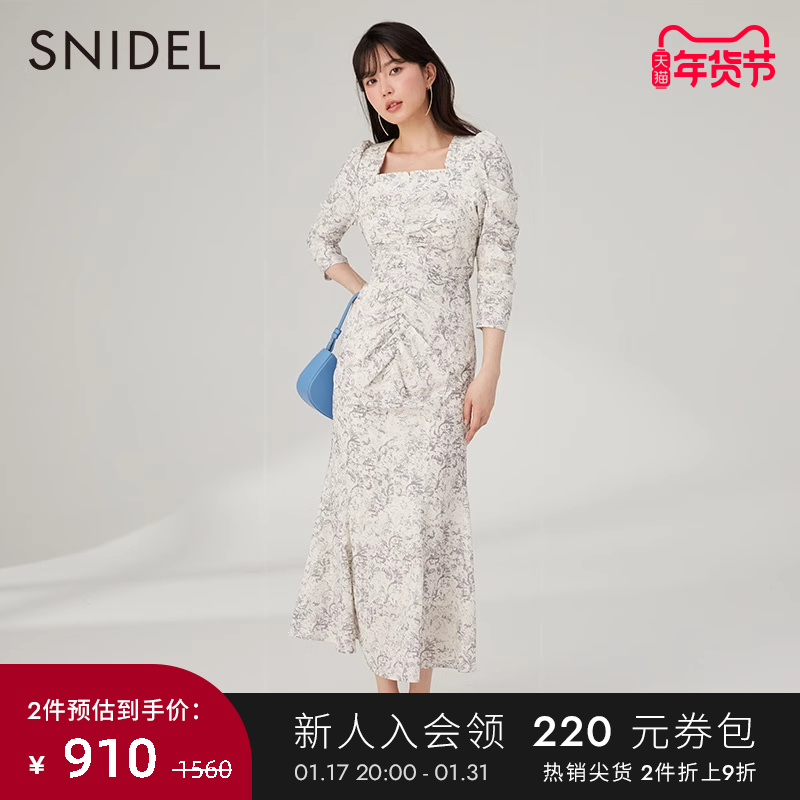 SNIDEL春夏款方领抽褶系带收腰茶歇碎花连衣裙SWFO231082