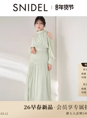 SNIDEL2026春夏新品优雅泡泡袖挖孔露肩收腰雪纺连衣裙SWFO261040
