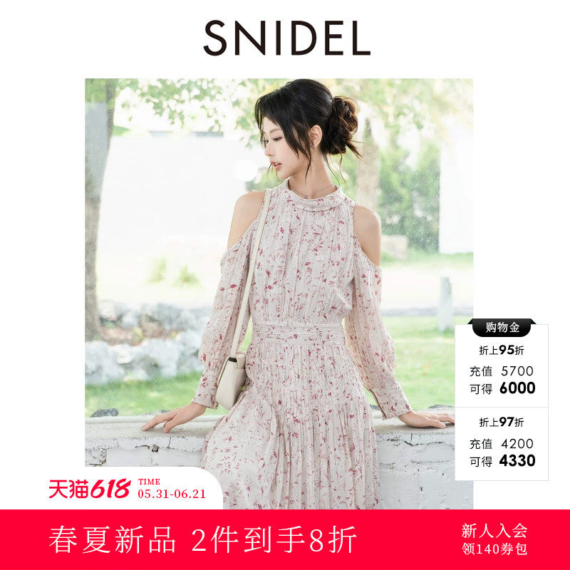 SNIDEL2026春夏新品优雅泡泡袖挖孔露肩收腰雪纺连衣裙SWFO261040