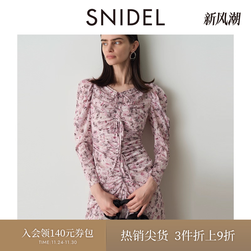 SNIDEL泡泡袖印花雪纺连衣裙