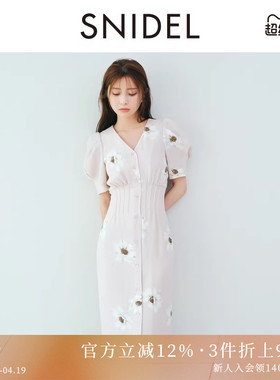 SNIDEL2025秋冬新品优雅V领收腰泡泡袖花朵印花连衣裙SWFO254331