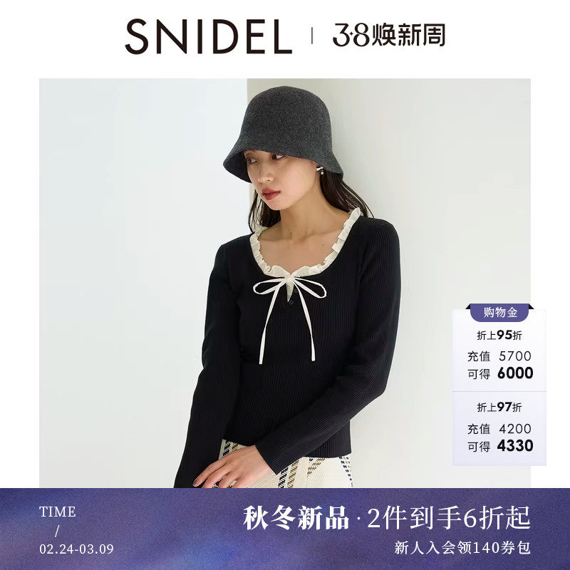 SNIDEL2025秋冬新品甜美荷叶领蝴蝶结系带长袖针织衫SWNT254219