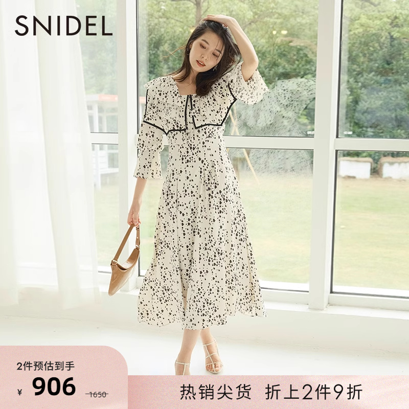 SNIDEL秋冬款优雅时尚荷叶边碎花喇叭袖连衣裙SWFO224095