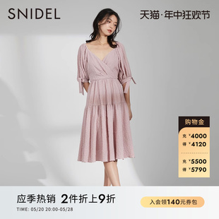 系带露腰蛋糕连衣裙SWFO221204 SNIDEL春夏甜美V领泡泡袖