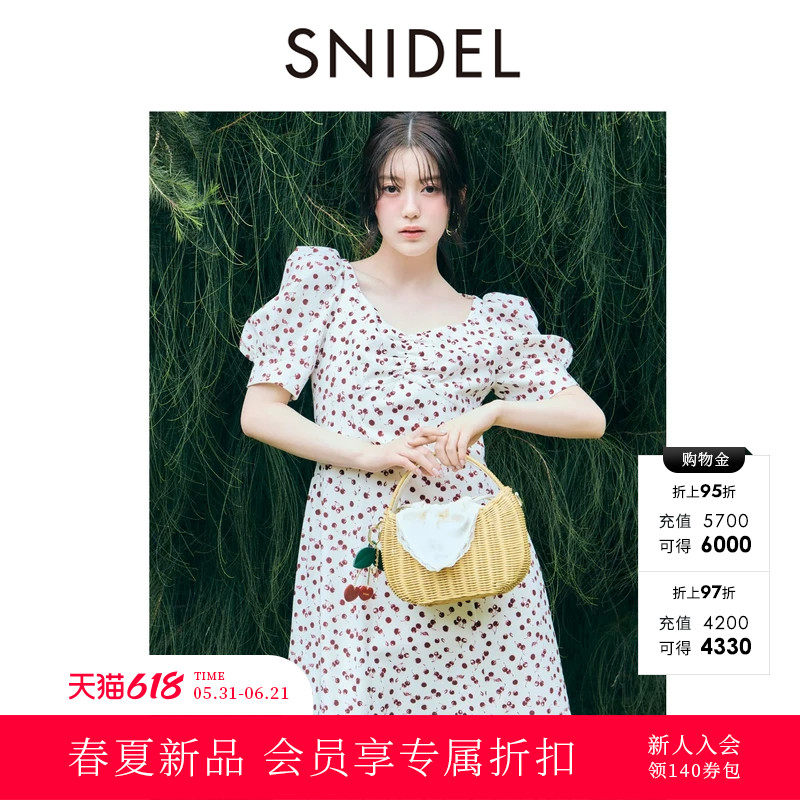 SNIDEL2026春夏新品抽褶V领泡泡袖收腰樱桃印花连衣裙SWFO262015
