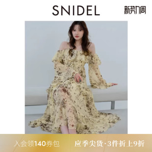 SNIDEL2025秋冬新品 优雅收腰吊带露肩荷叶边蛋糕连衣裙SWFO255031