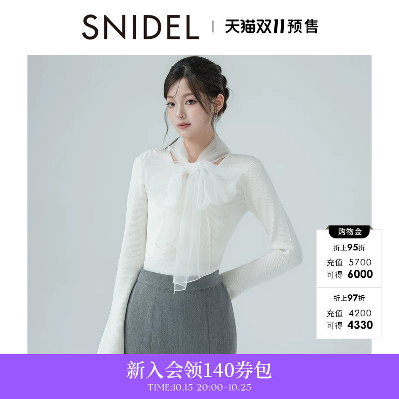 SNIDEL秋冬款甜美雪纺蝴蝶结系带长袖针织衫上衣SWNT254225