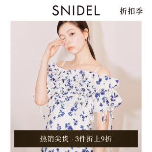 甜美吊带一字肩抽褶袖 SNIDEL春夏款 印花连衣裙SWFO241083