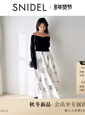SNIDEL2025秋冬新品优雅气质交叉领露肩针织拼接连衣裙SWNO255167