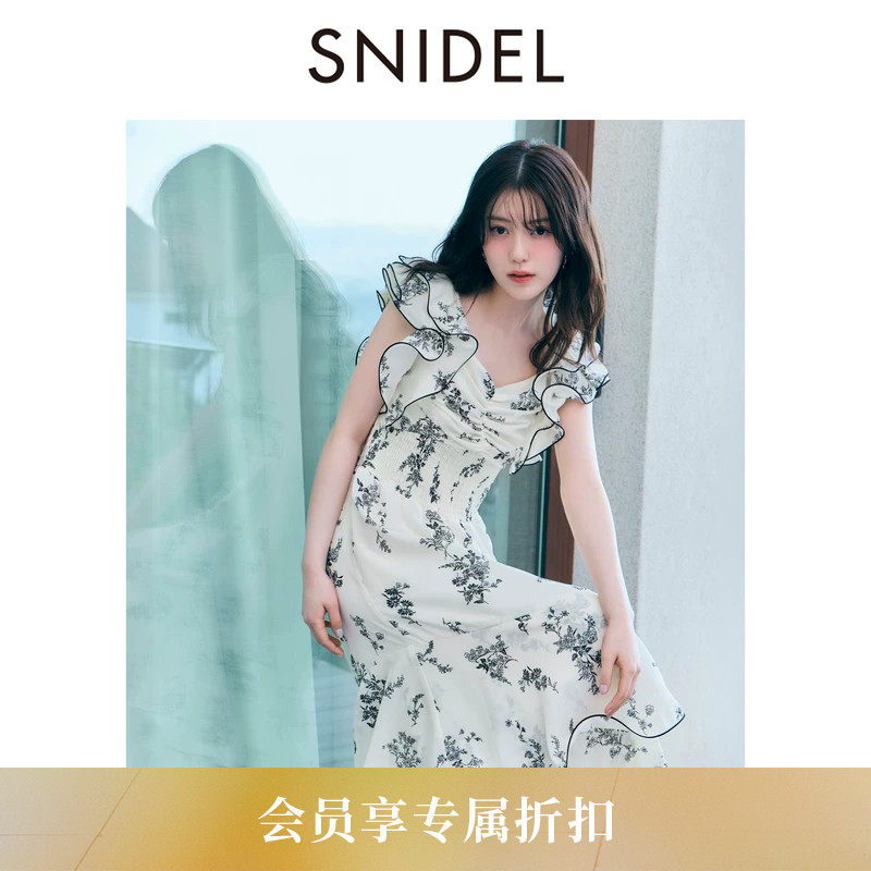 SNIDEL2026春夏新品双层荷叶边小飞袖收腰印花连衣裙SWFO262030 - 实物图