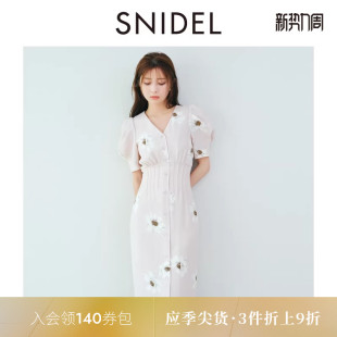 SNIDEL2025秋冬新品 花朵印花连衣裙SWFO254331 优雅V领收腰泡泡袖