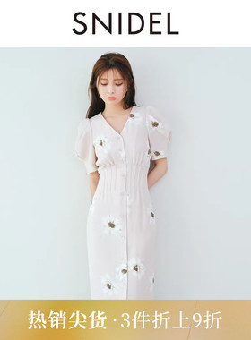 SNIDEL2025秋冬新品优雅V领收腰泡泡袖花朵印花连衣裙SWFO254331