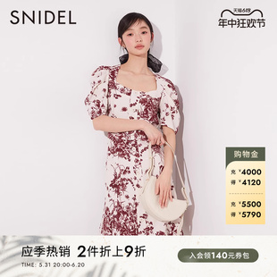 连衣裙SWFO222206 SNIDEL春夏国风方领印花泡泡袖 腰带短款