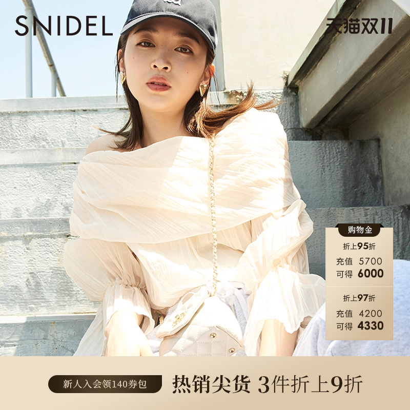 SNIDEL一字肩喇叭袖雪纺衬衫