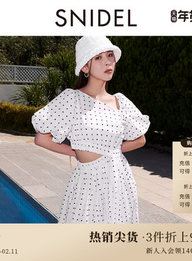 SNIDEL春夏款甜美淑女泡泡袖斜领露腰A字连衣裙SWFO242202