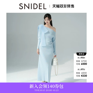 SNIDEL2026春夏新品优雅蝴蝶结斜肩露肩长袖针织连衣裙SWNO261039