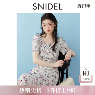SNIDEL春夏款优雅短袖荡领雪纺印花茶歇连衣裙SWFO252017