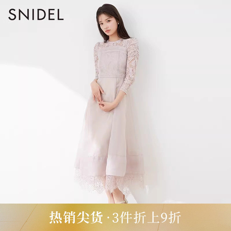 SNIDEL春夏款法式淑女蕾丝镂空雪纺长袖连衣裙SWFO231105