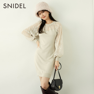 圆领修身 SNIDEL秋冬气质淑女灯笼袖 蕾丝拼接针织连衣裙SWNO235023