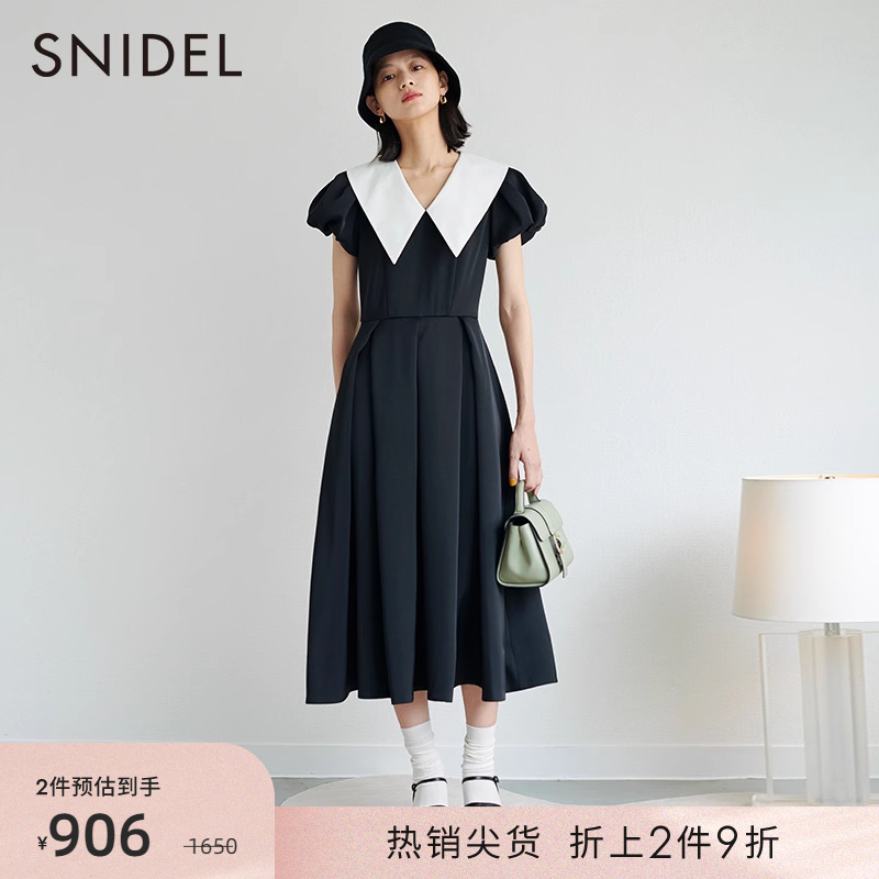 SNIDEL秋冬款优雅淑女翻领泡泡袖收腰百褶连衣裙SWFO224085