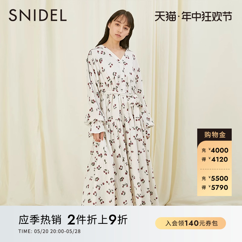 SNIDEL HOME秋冬款V领樱桃印花系带纯棉连衣裙SHFO224099-封面