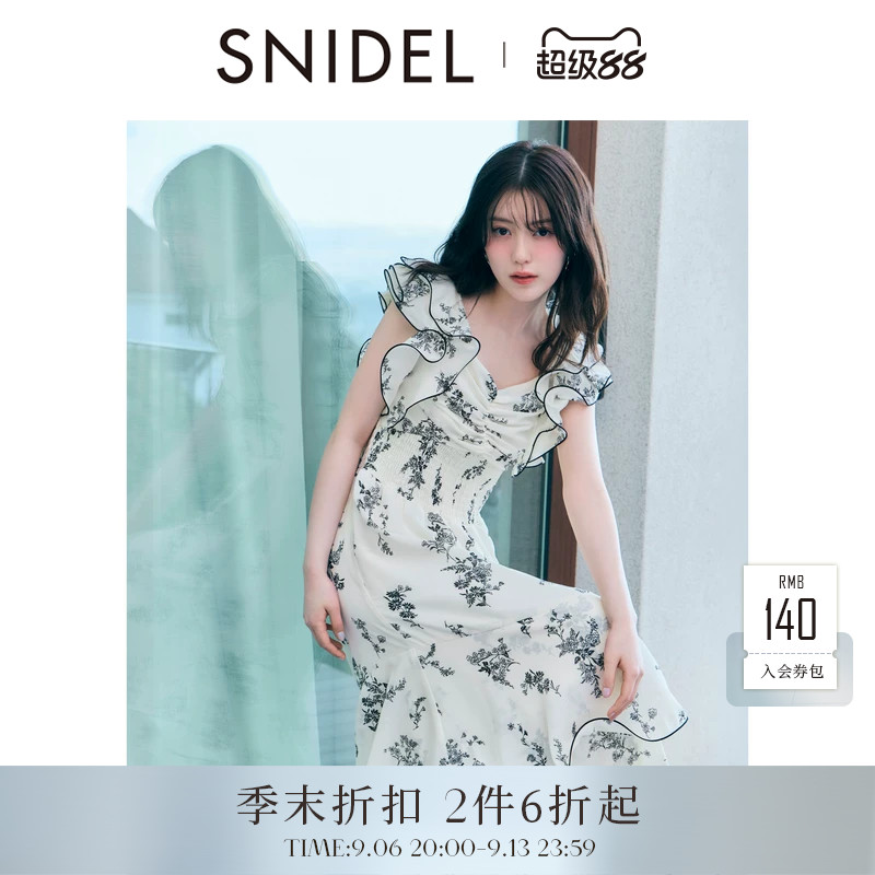 SNIDEL2026春夏新品双层荷叶边小飞袖收腰印花连衣裙SWFO262030图片
