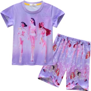 猎魔女团印花卡通可爱风女童家居服套装春长袖薄款圆领睡衣两件套