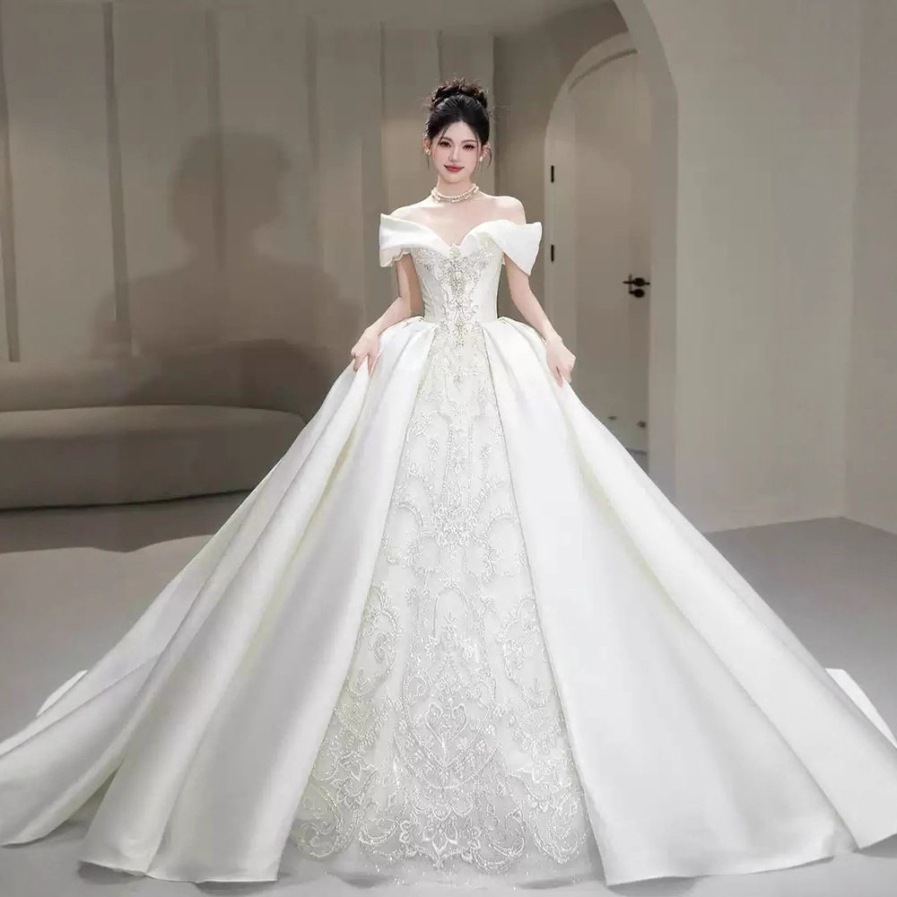 一字肩重工大码缎面婚纱新娘2025新款法式高级质感小个子奢华主纱,女装/女士精品,婚纱,淘宝优惠券,粉丝福利购,淘宝优惠卷