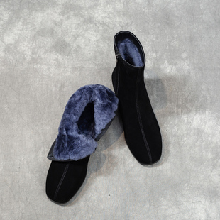 冬季方头皮毛一体女鞋保暖加厚纯羊毛粗跟短靴女靴东北大棉鞋子