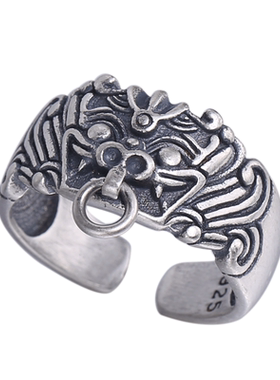 饕餮戒指纯银磨砂复古男