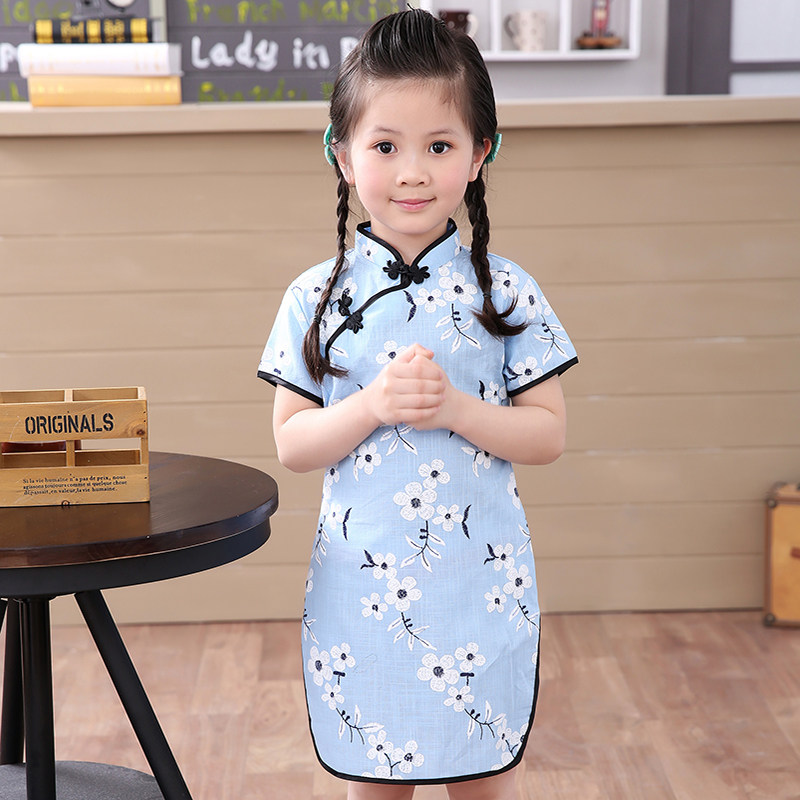 女童旗袍夏季薄款棉麻中国风宝宝小女孩连衣裙儿童古筝走秀演出服