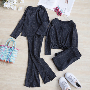 春装新款女童弹力闪闪长袖上衣+开衩喇叭裤套装小中大童成人媛