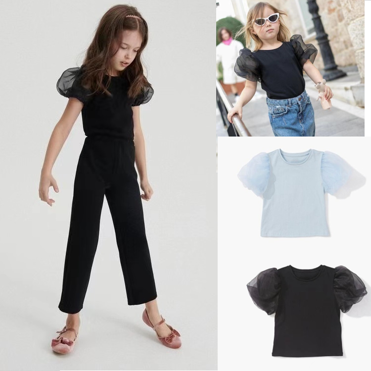 夏装女童仙美漂亮梦幻水蓝色黑色灯笼纱袖短袖T恤娃娃衫中大童媛
