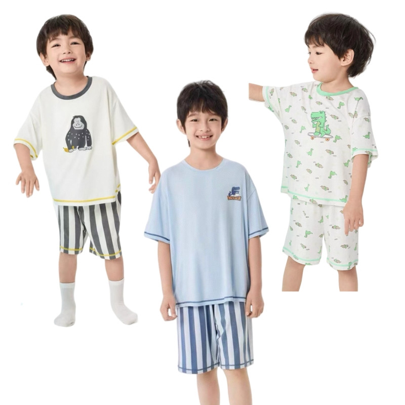 柜货纯原夏季男童家居服睡衣2件套宝宝空调服短袖套装凉感舒适媛1