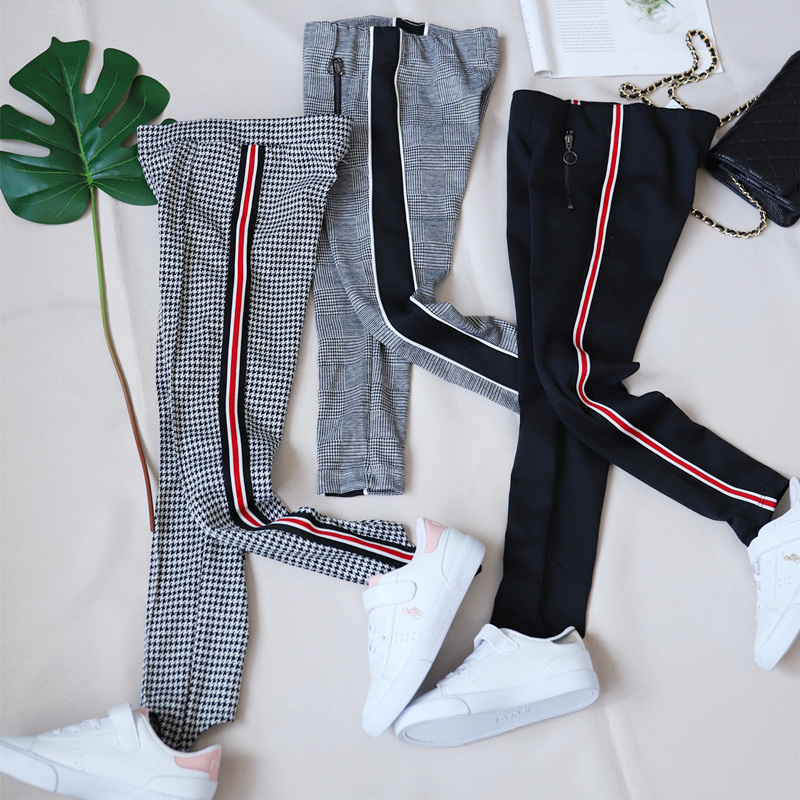 5折特价 女童洋气百搭千鸟格侧条休闲裤弹力小脚裤 铅笔裤36琦